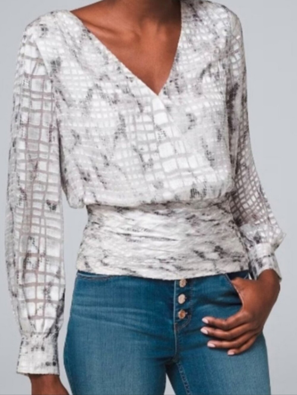 WHBM NWT wrap style snake print Silver Blouse, Small